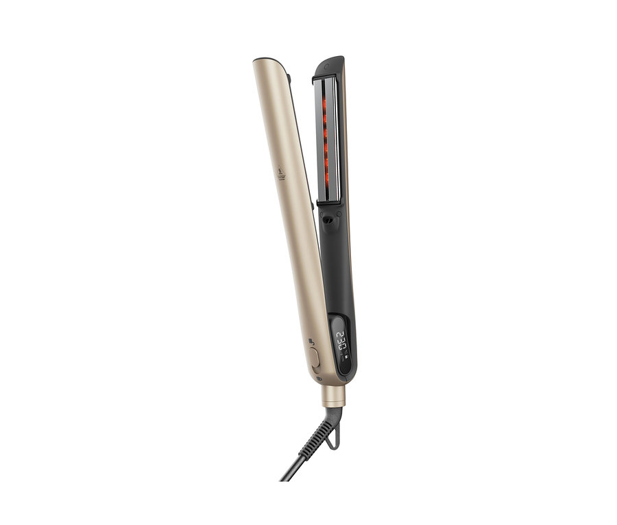 Detailansicht des geöffneten, goldenen Silk'n Infrarot Glätteisen »SilkyStraight«.