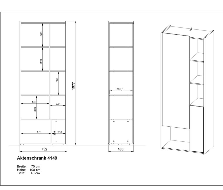 Technische Zeichnung eines Aktenschranks "Indianapolis" mit Bemaßung.