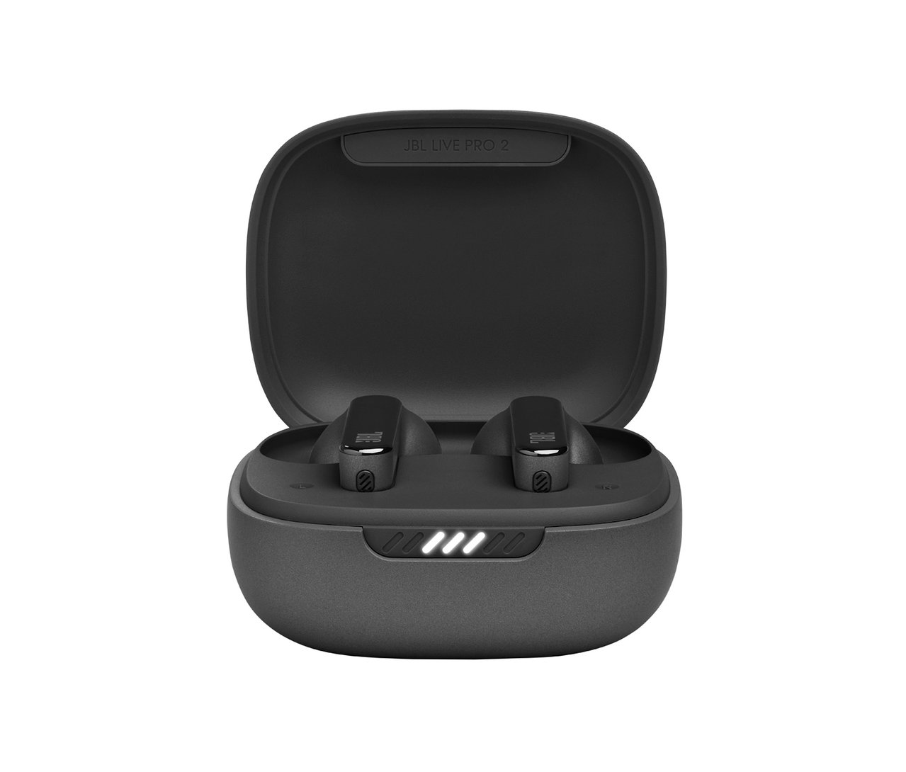 Schwarze kabellose JBL Live Pro 2 TWS In-Ear-Kopfhörer in geöffnetem Ladecase.