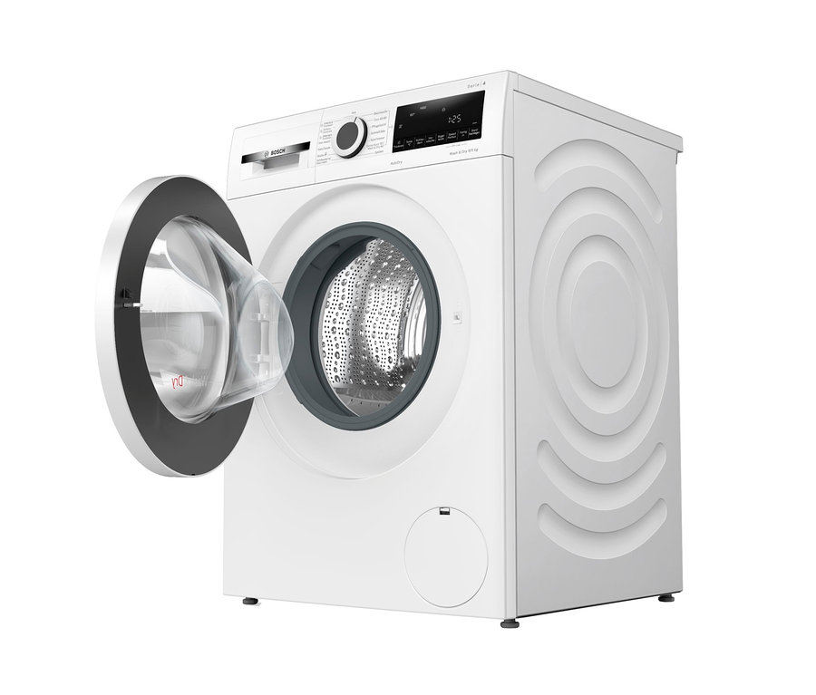 Detailansicht eines weißen Bosch Waschtrockners »WNA13441«, E (von A bis G), 9/5 kg mit geöffneter Tür.
