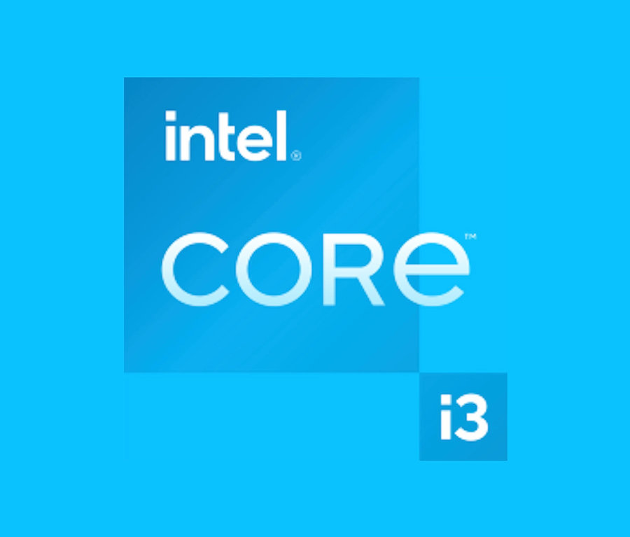 Intel Core i3 Logo auf blauem Hintergrund.