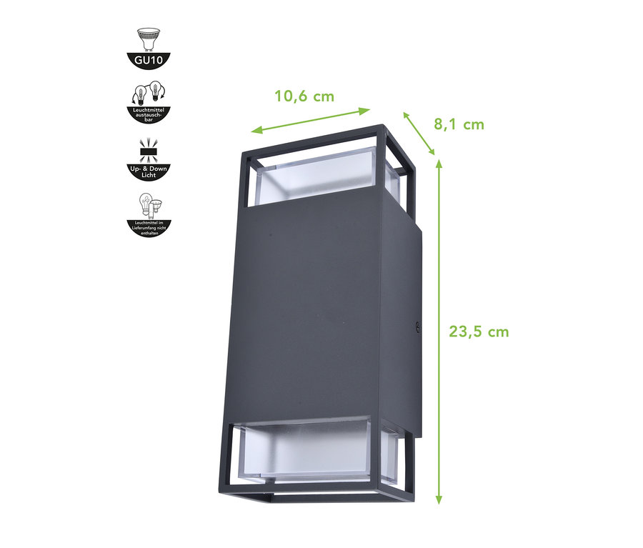 Eine schwarze Oudoor-Wandleuchte mit Maßangaben.