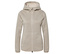 Beige Fleecejacke mit Kapuze und Reißverschluss in der Mitte.