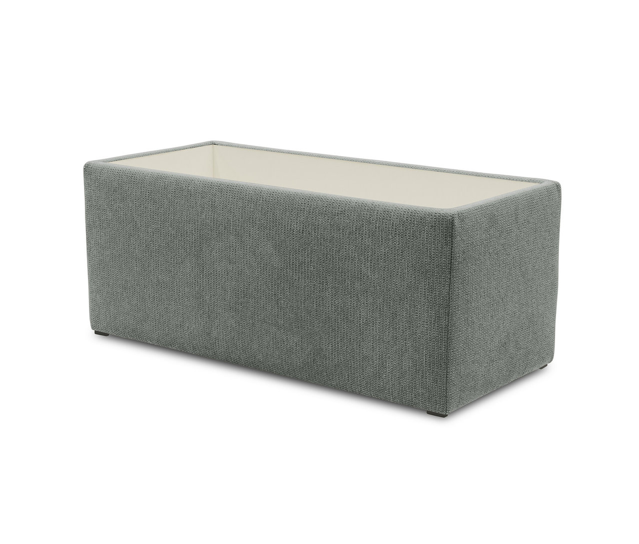 Ein grauer DOMO Hocker mit Stauraum vor einem weißen Hintergrund.