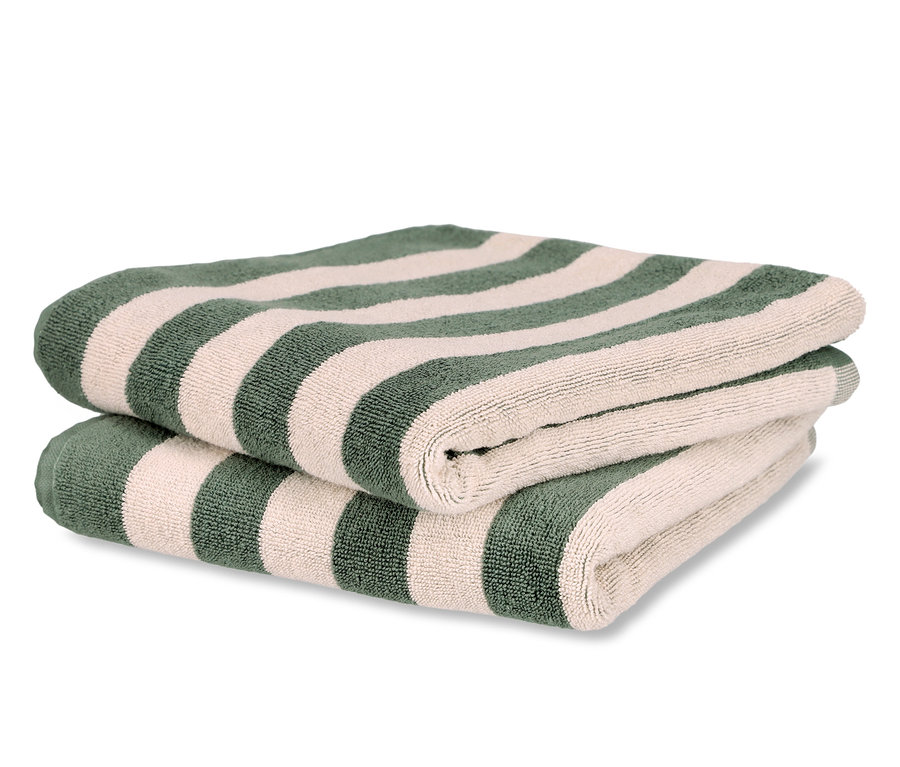 Zwei grün gestreifte SCHÖNER WOHNEN-Kollektion Handtücher liegen gefaltet übereinander.