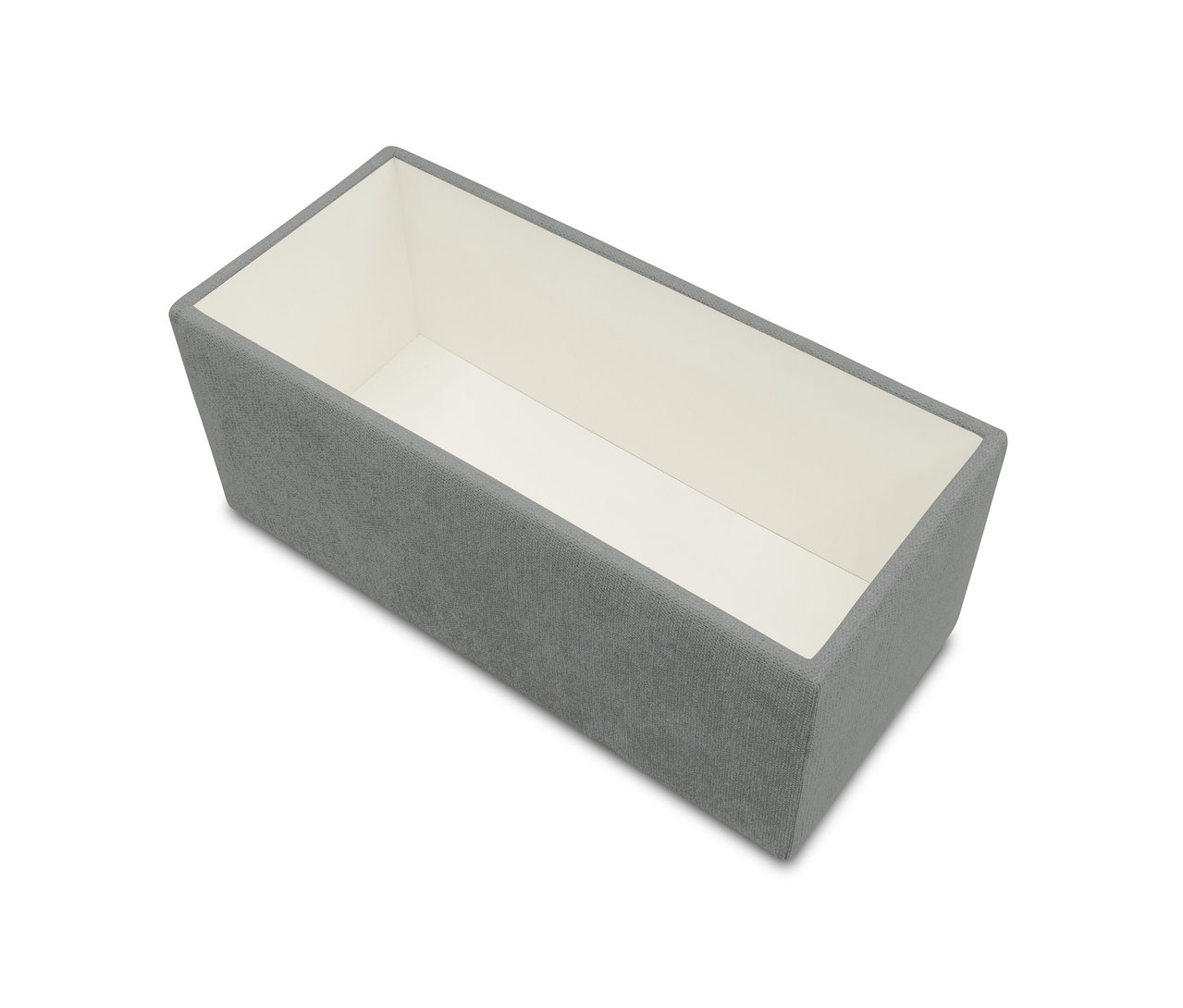 Grauer DOMO Hocker mit Staufach auf weißem Hintergrund.