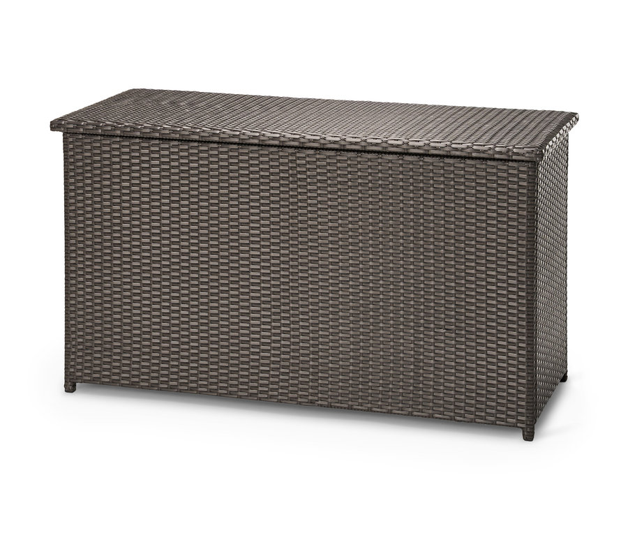 Eine Auflagenbox mit Polyrattangeflecht.