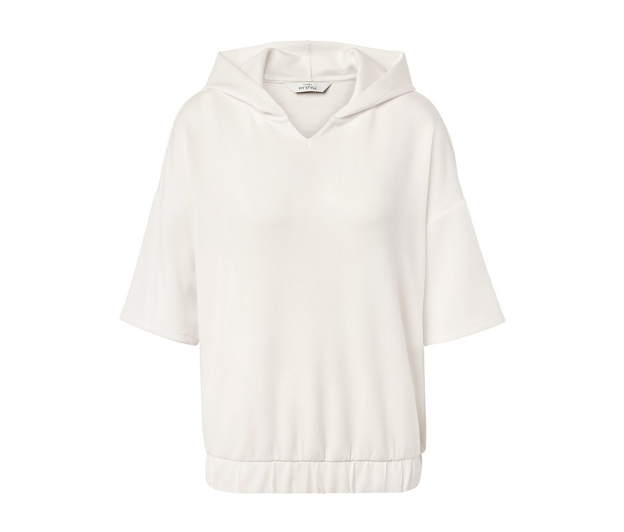 Cremeweißer Hoodie aus Modal-Mix mit kurzen Ärmeln.
