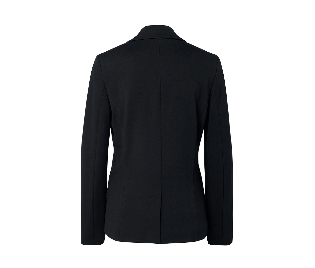 Detailansicht der Rückseite eines schwarzen Jerseyblazers.