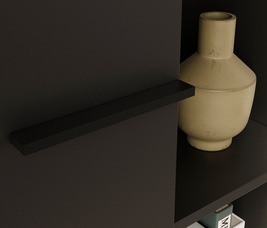 Nahaufnahme eines kleinen, graphitfarbenen Aktenschranks Rovigo mit einer Vase.