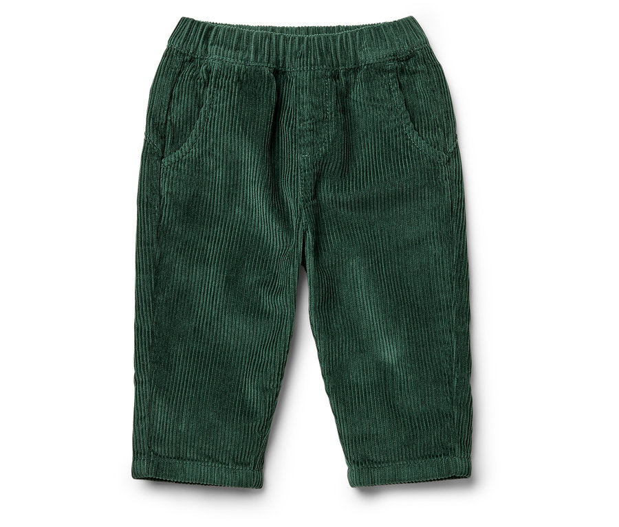 Grüne Cordhose für Kinder mit elastischem Bund und Taschen.