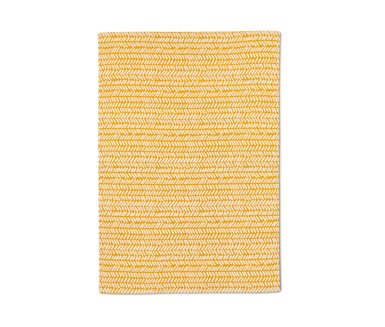 Nahaufnahme eines gelb-weiss gemusterten Wende-Platzsets mit Fischgrätenmuster.