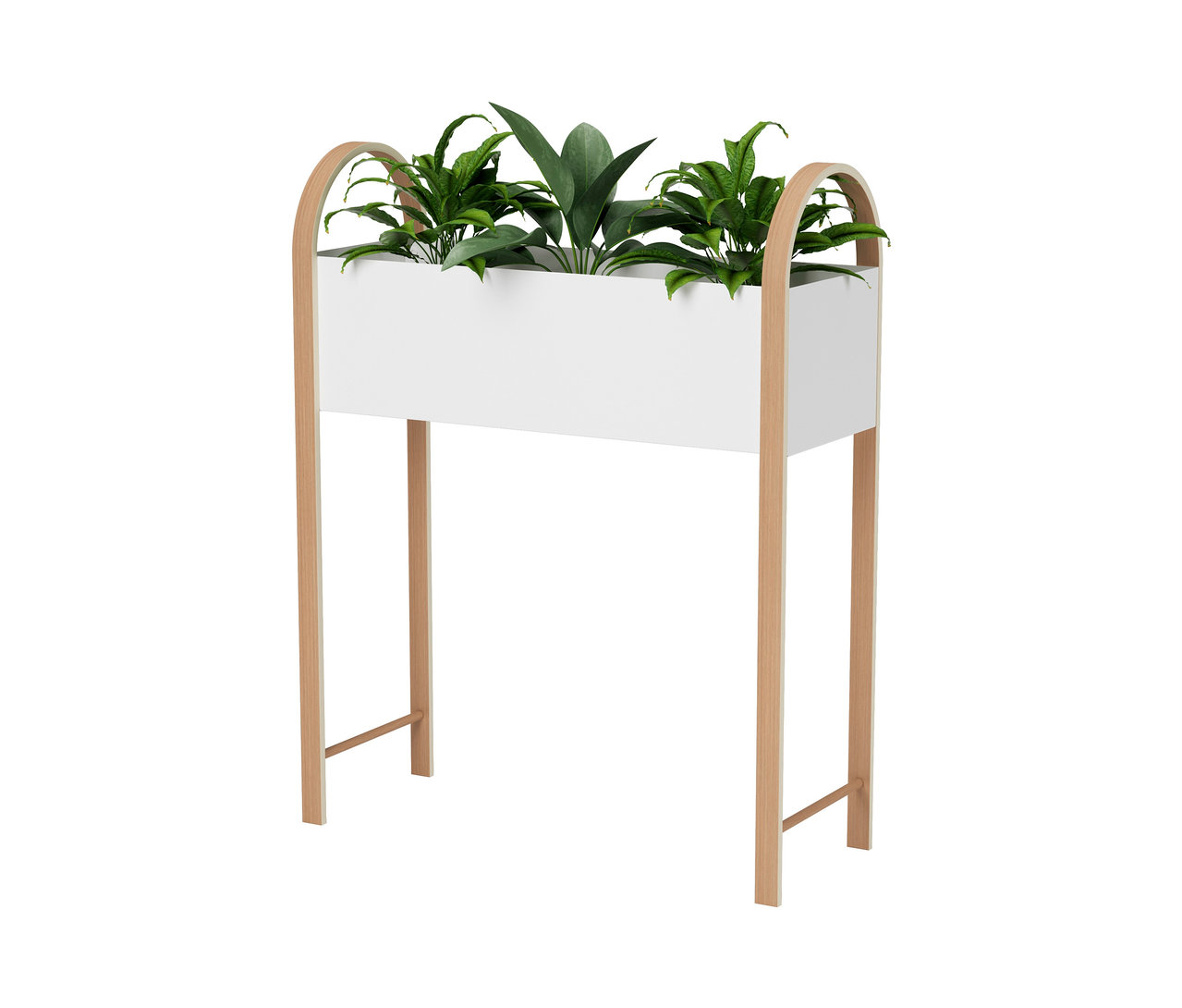 Pflanzgefäß mit Pflanzen in einem weißen rechteckigen Behälter mit Holzrahmen. Umbra-Blumenkasten-und-Aufbewahrungsbox »Bellwood«.