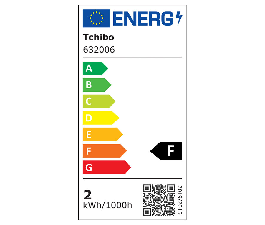Tchibo 632006 Energielabel mit Klasse F, 2 kWh/1000h Verbrauch und QR-Code.