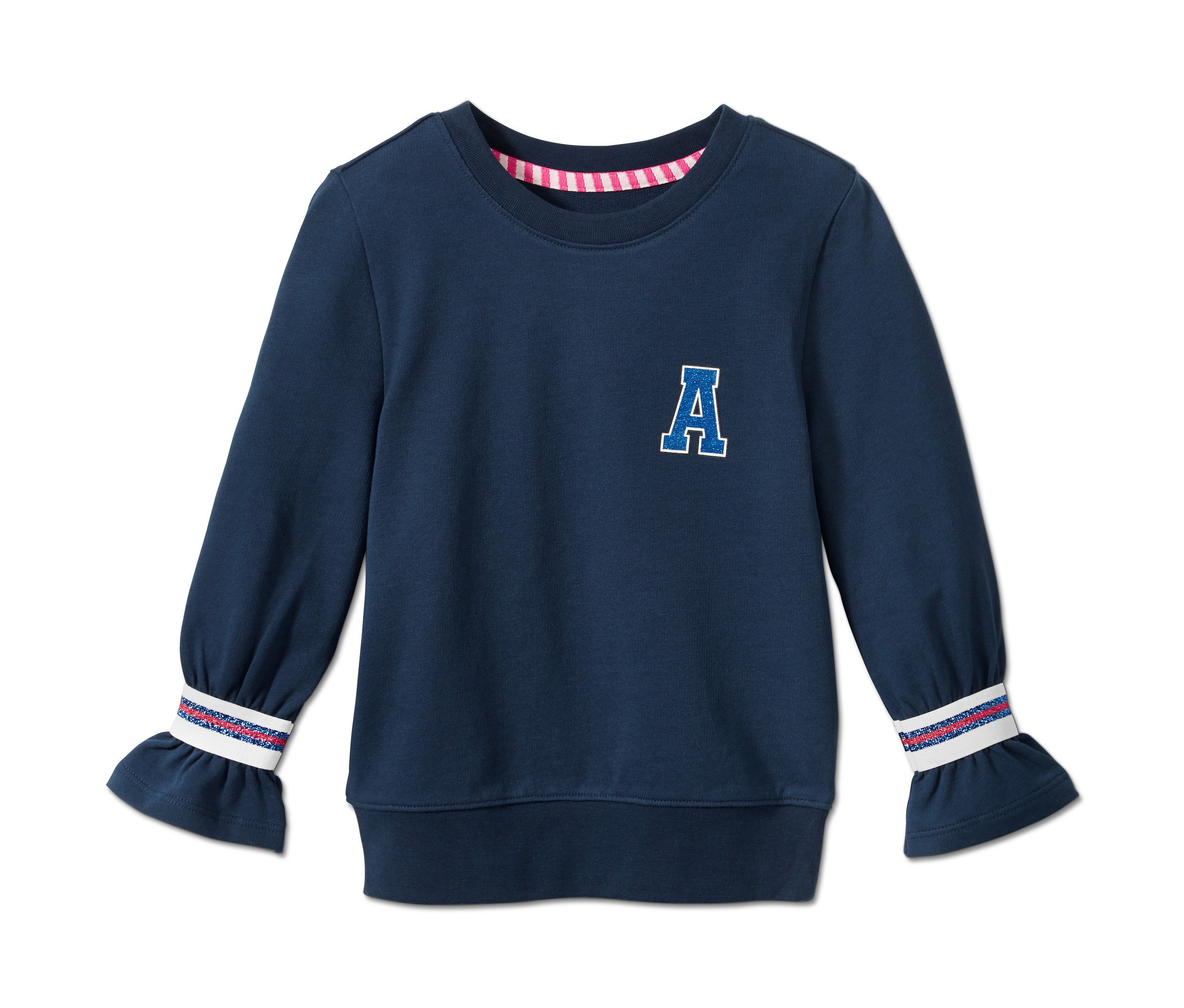 Dunkelblaues Sweatshirt mit Tulpenärmeln und dekorativem Buchstaben A.