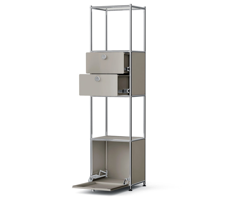 Hohes Regal mit offenem Schrank unten und zwei Schubladen oben.