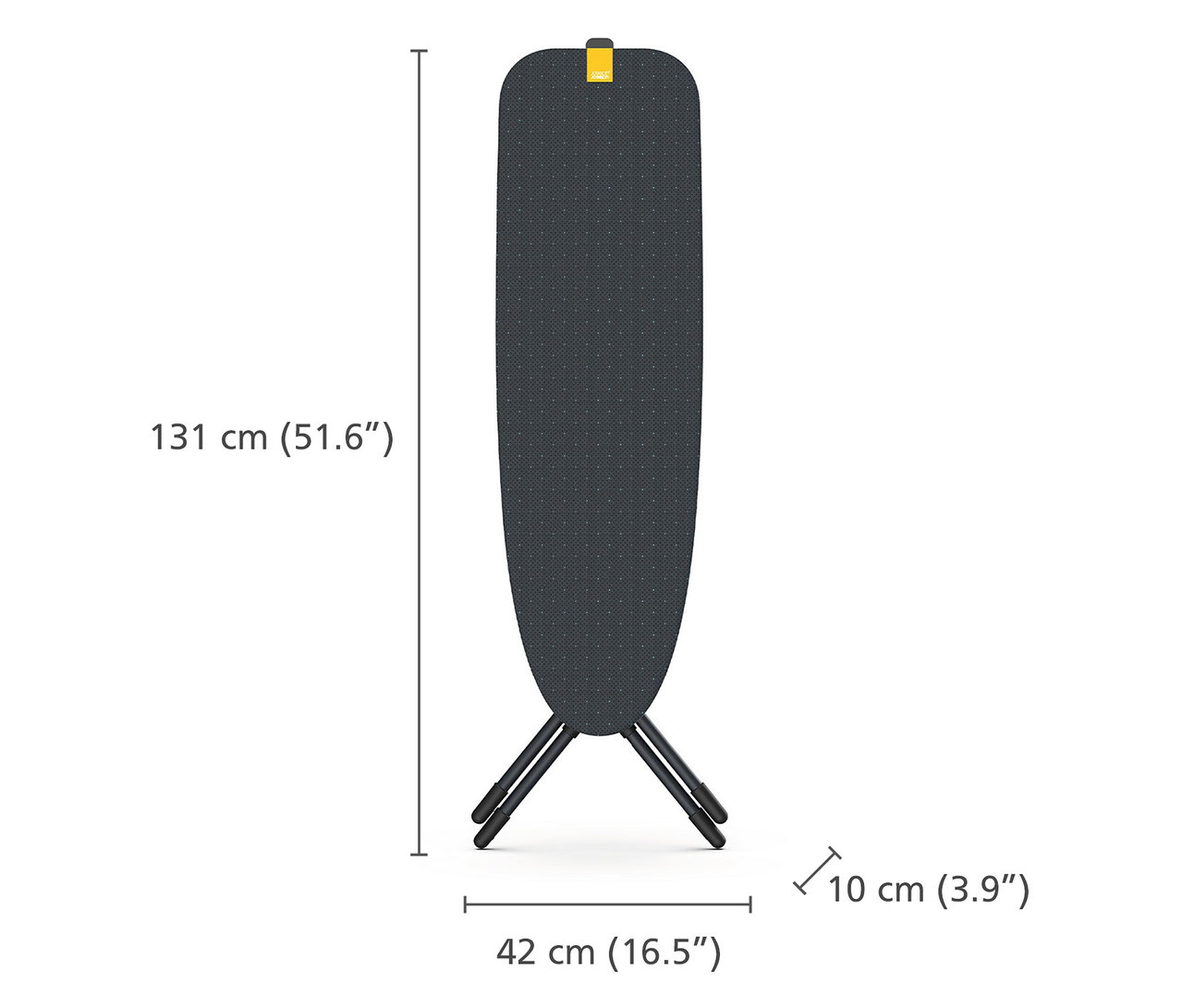 Abbildung eines 131 cm hohen und 42 cm breiten Bügelbretts. Dargestellt ist das Joseph Joseph Bügelbrett »Compact Plus«.