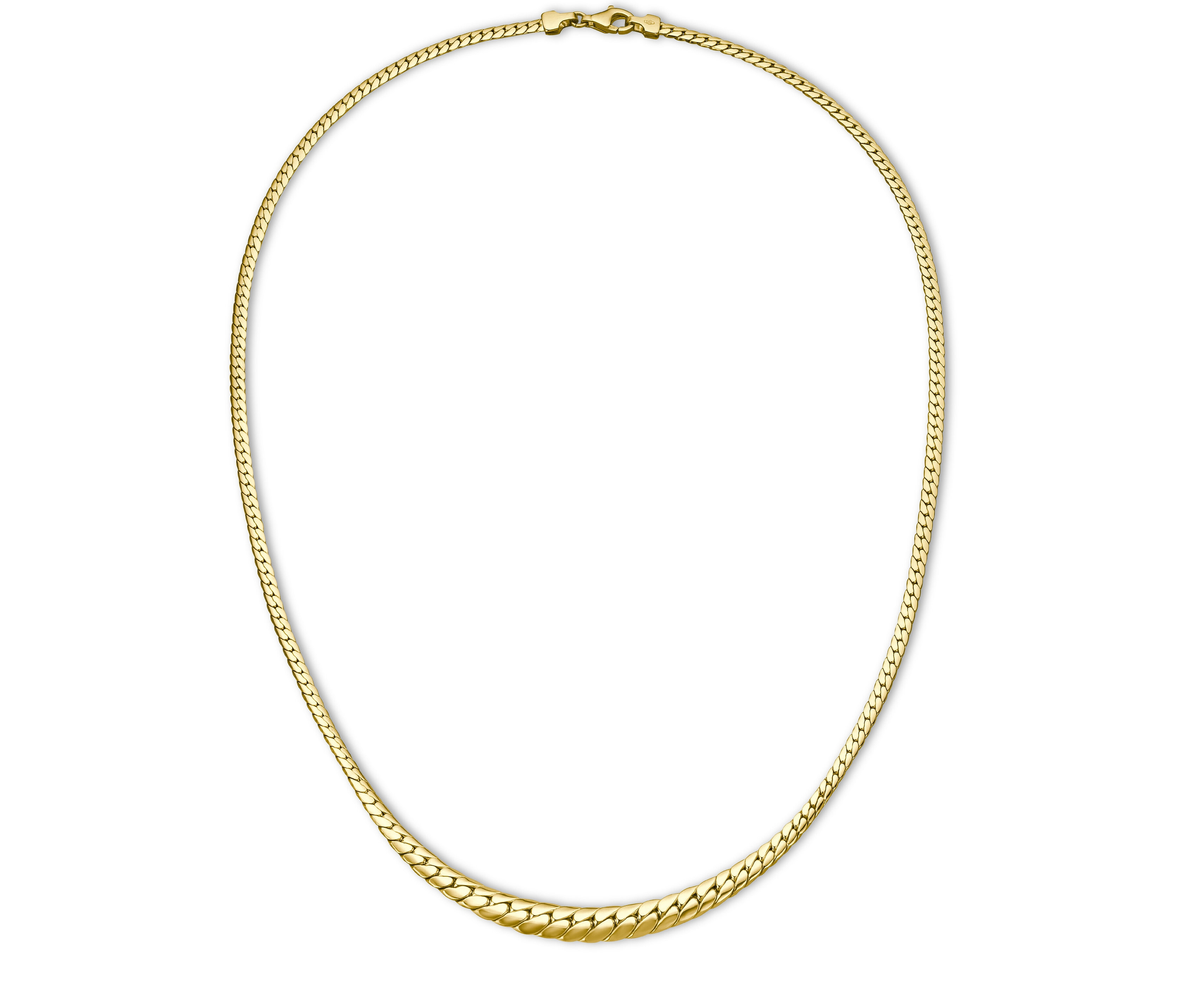 Eine goldene Halskette auf einem weißen Hintergrund.