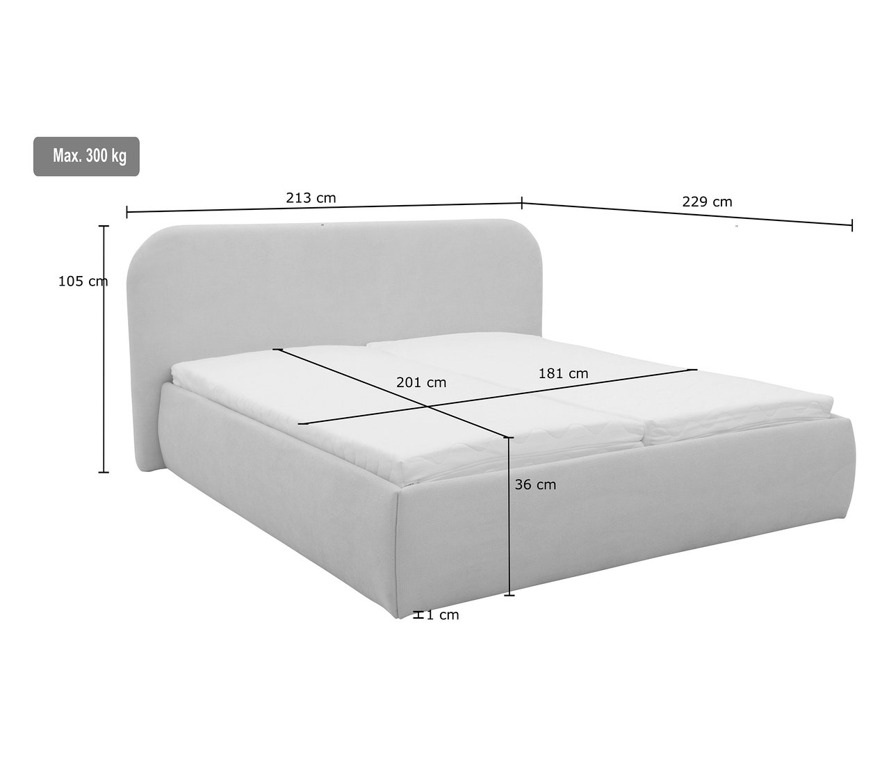 Abmessungen des cremefarbenen Polsterbetts Domo Collection, 180 x 200 cm, inkl. Lattenrost und Matratze.