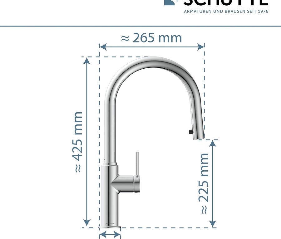 Abbildung einer Chrom-Wasserhahn-Armatur mit Bemaßung.