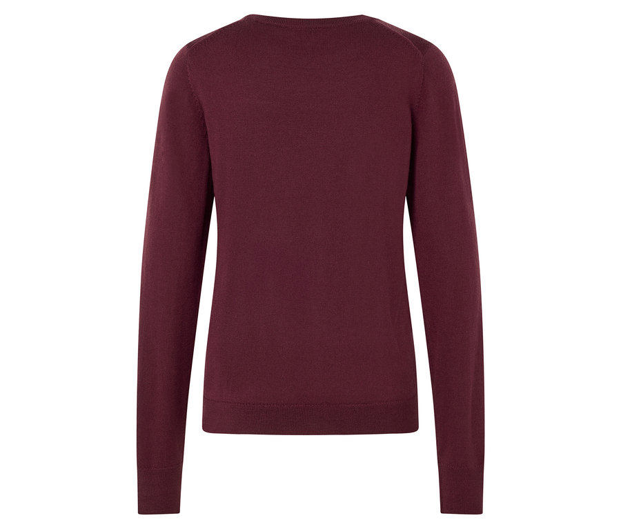 Burgunderroter Pullover mit langen Ärmeln, Rückansicht.