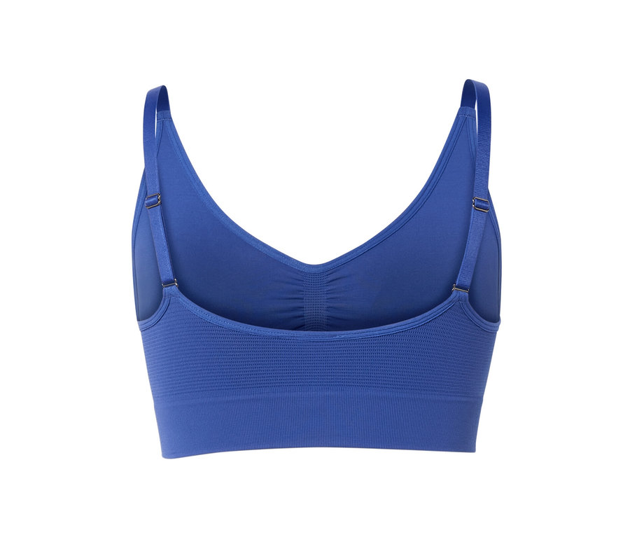 Detailansicht von der Rückseite eines blauen Seamless-Sport-Bustiers.
