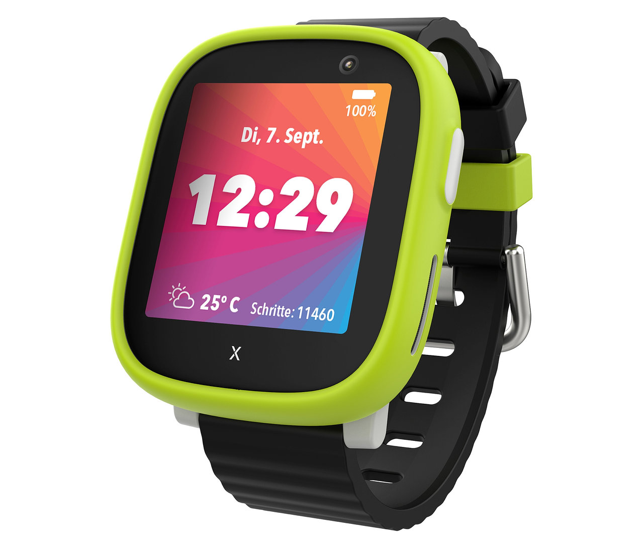 Nahaufnahme einer grünen Kinderuhr mit schwarzem Armband.