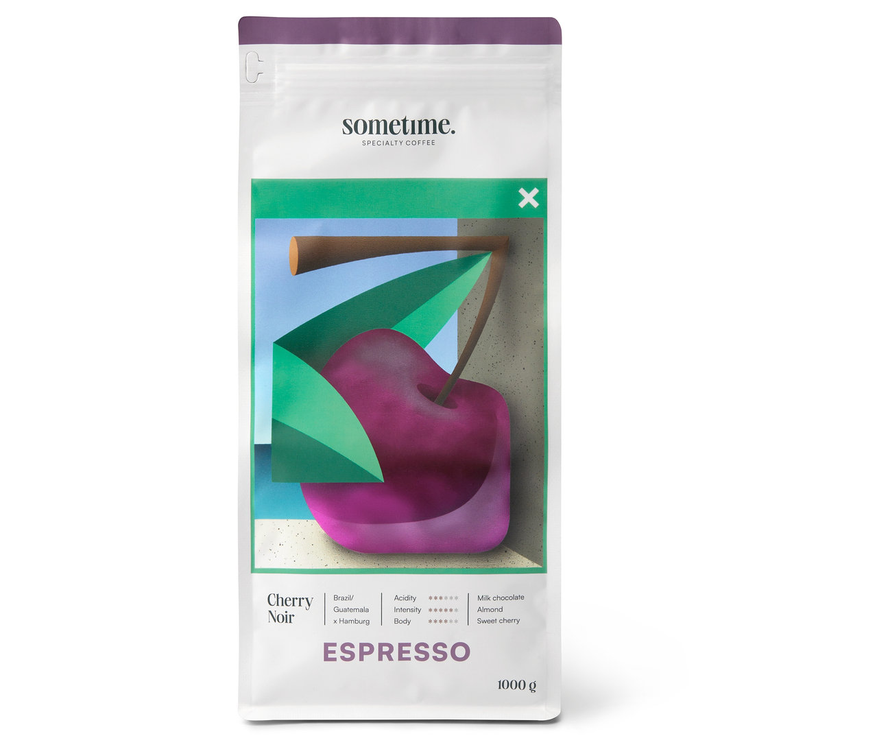 Packung sometime - CHERRY NOIR Espresso - 1 kg Ganze Bohne mit einer grafischen Darstellung einer Kirsche.