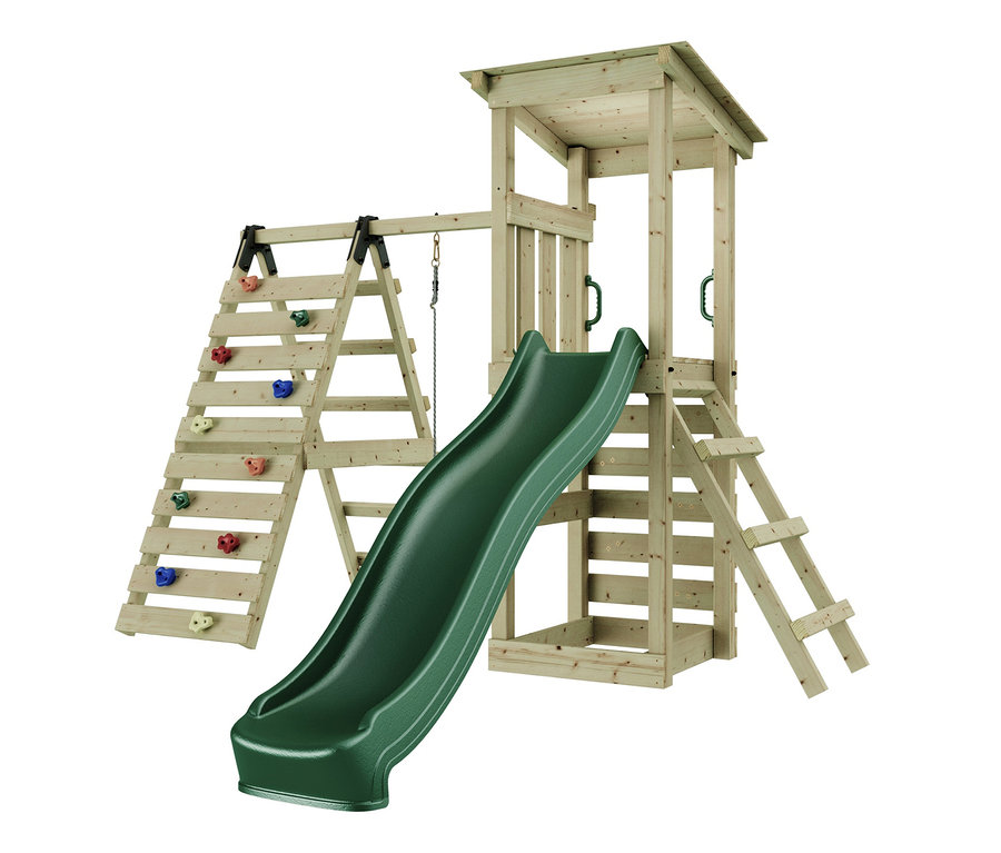 Ein Kinderspielturm mit Klettergerüst, Rutsche und Kletterwand.