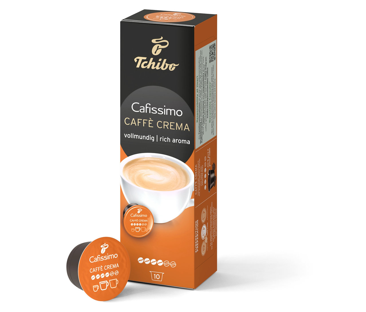 Eine Packung Cafissimo Caffè Crema vollmundig und eine Kapsel sind zu sehen. Die Packung ist Teil des Best of Cafissimo 30 Kapseln.