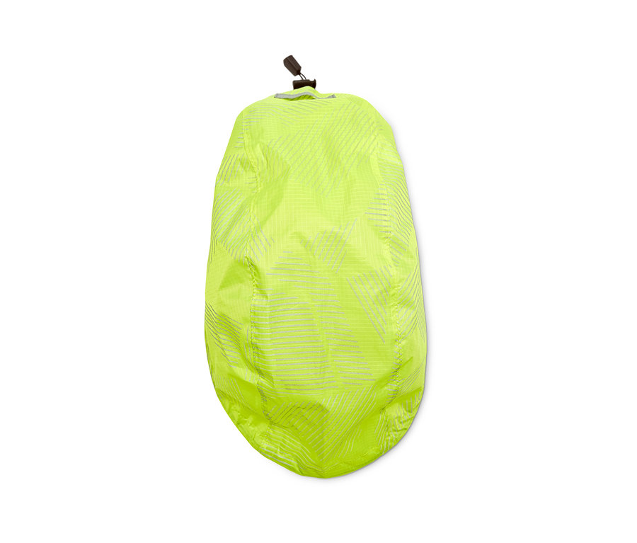 Neongelber Fahrradhelm-Regenüberzug mit Reflektoren.