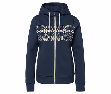 Marineblaue Kapuzenjacke mit Reißverschluss und weißem Muster.