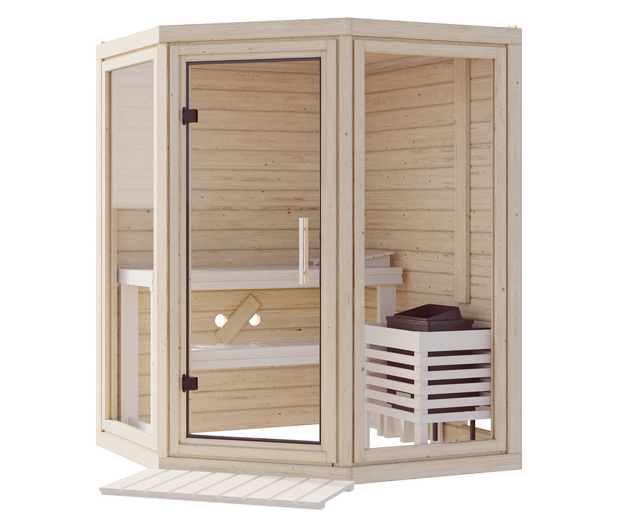 Innenansicht einer Sauna mit Holzbänken und einem Saunaofen.