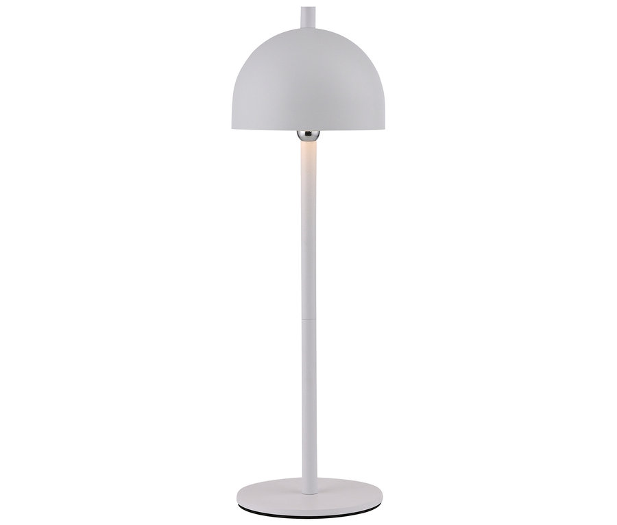 Eine weiße Lampe mit halbkugelförmigem Schirm.