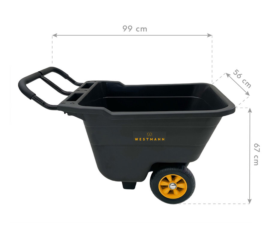 Schwarze Schubkarre mit gelbem Rad und den Maßen 99 x 56 x 67 cm.