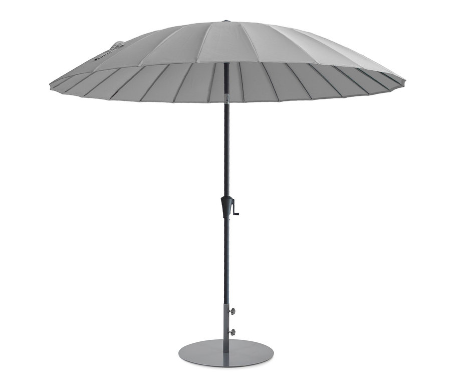 Ein hellgrauer Leco Shanghai Sonnenschirm mit einem Durchmesser von 270 cm.
