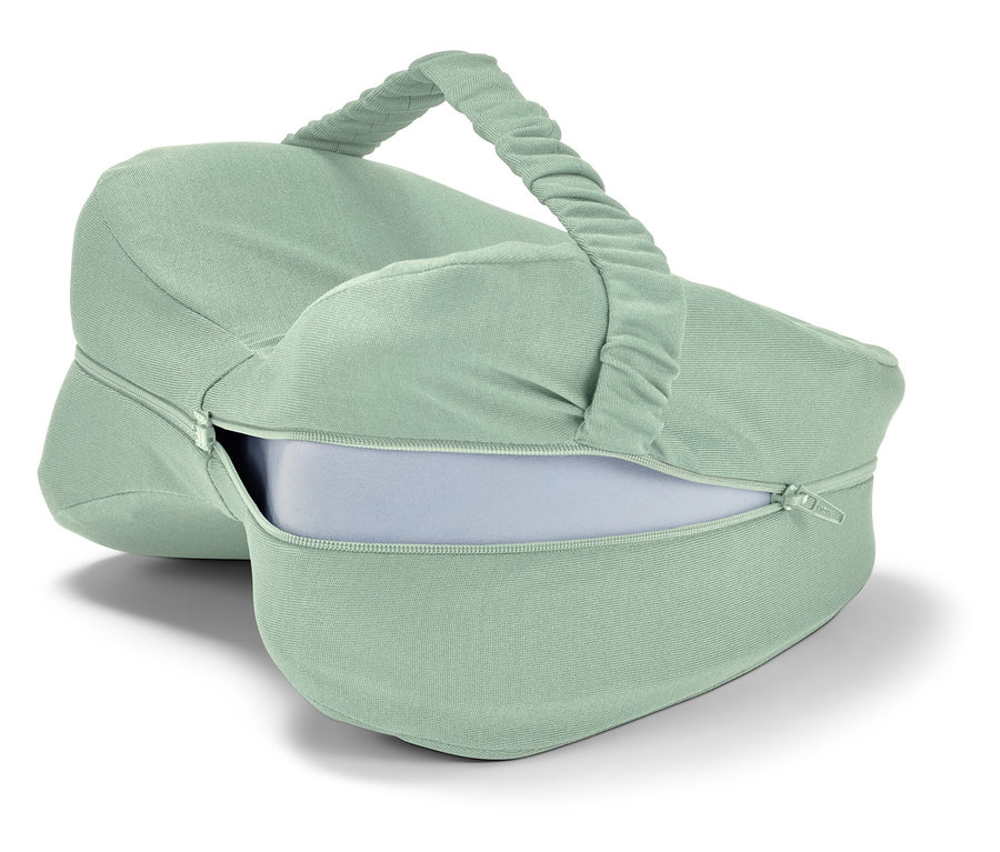 Ein hellgrünes, ergonomisches Kniekissen für Seitenschläfer mit Reißverschluss.
