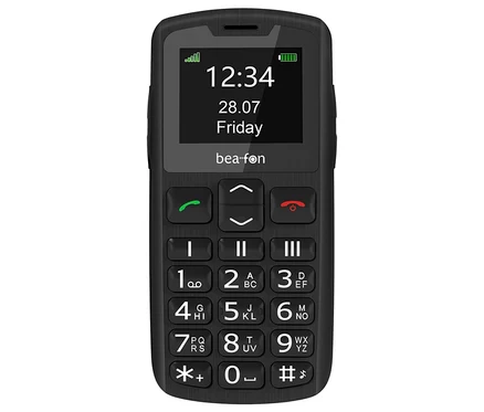 Schwarzes Mobiltelefon Bea-fon SL230 LTE mit Tasten und einem Bildschirm, der die Uhrzeit anzeigt.
