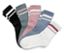 Fünf Paar Socken in verschiedenen Farben (Schwarz, Grün, Rosa, Blau und Weiß) mit Streifen am oberen Rand.