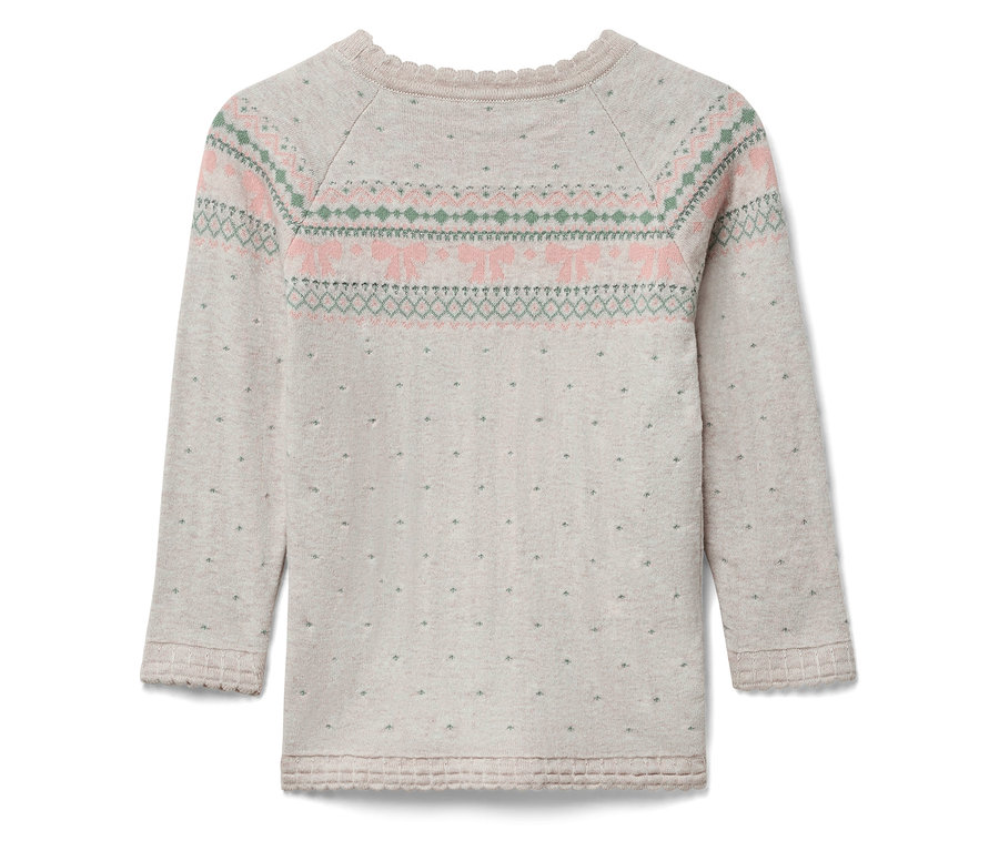 Langärmliger Pullover mit Muster im oberen Bereich in Rosa und Grün.