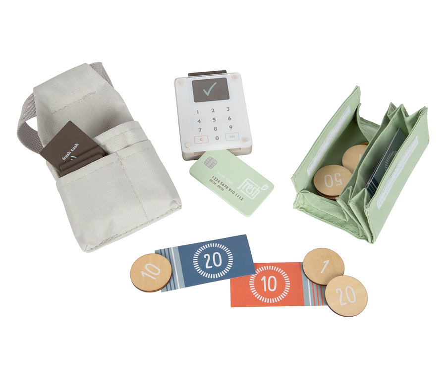 Kinderspielzeug-Set mit Kasse, Geldbörse, Karte und Münzen.