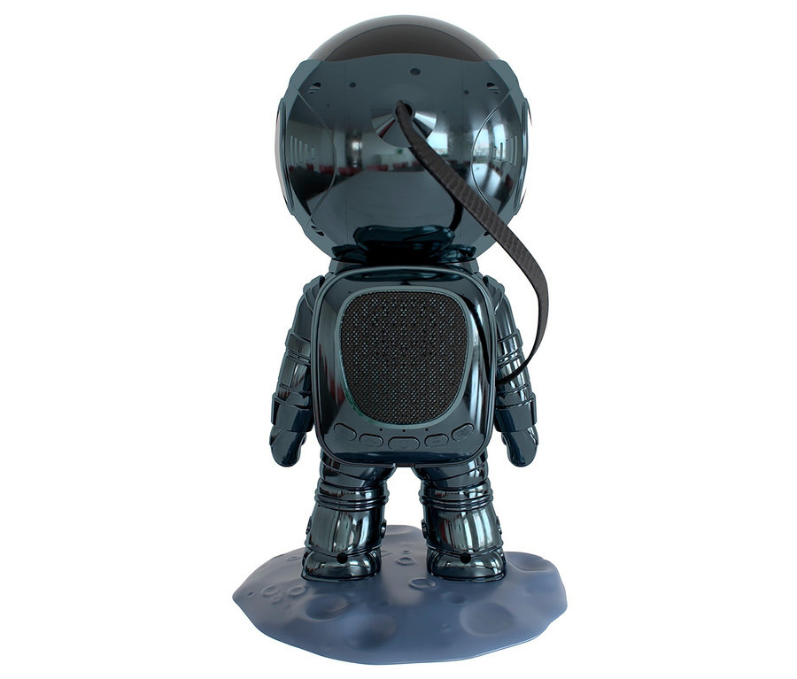 Ein dunkelblauer Lautsprecher in Form eines Astronauten steht auf einem Sockel mit Mondoberfläche.