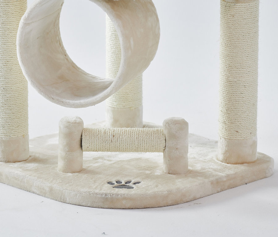 Detailansicht eines beigen Kratzbaums »ELIF« mit Liegefläche, Sisal-Säulen und Pfotenabdruck.