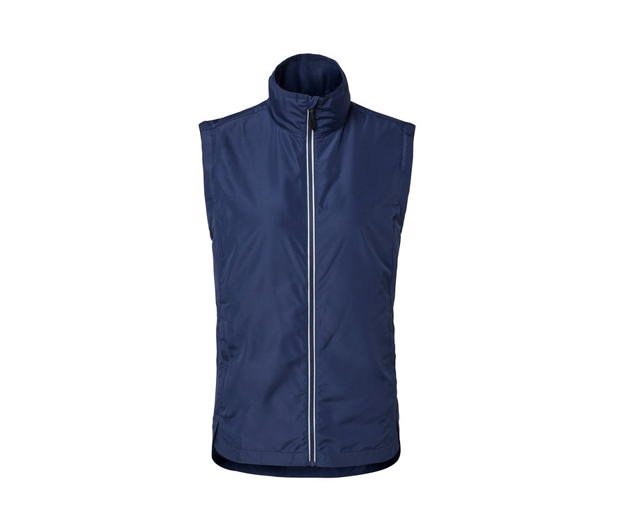 Blaue 2-in-1-Fahrradjacke mit Reißverschluss in der Mitte.