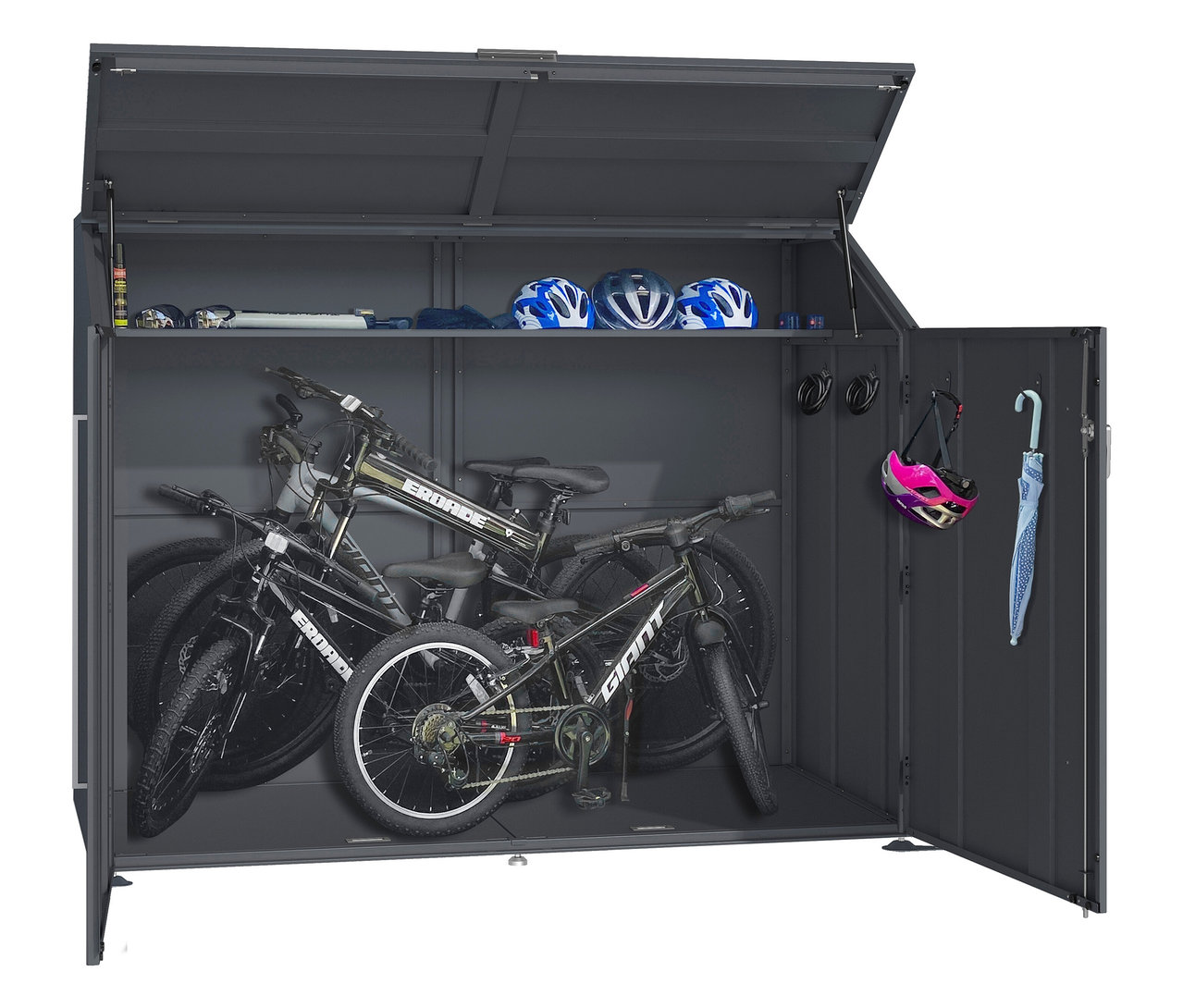 Offener Geräteschuppen mit Fahrrädern, Helmen und Regenschirm.
