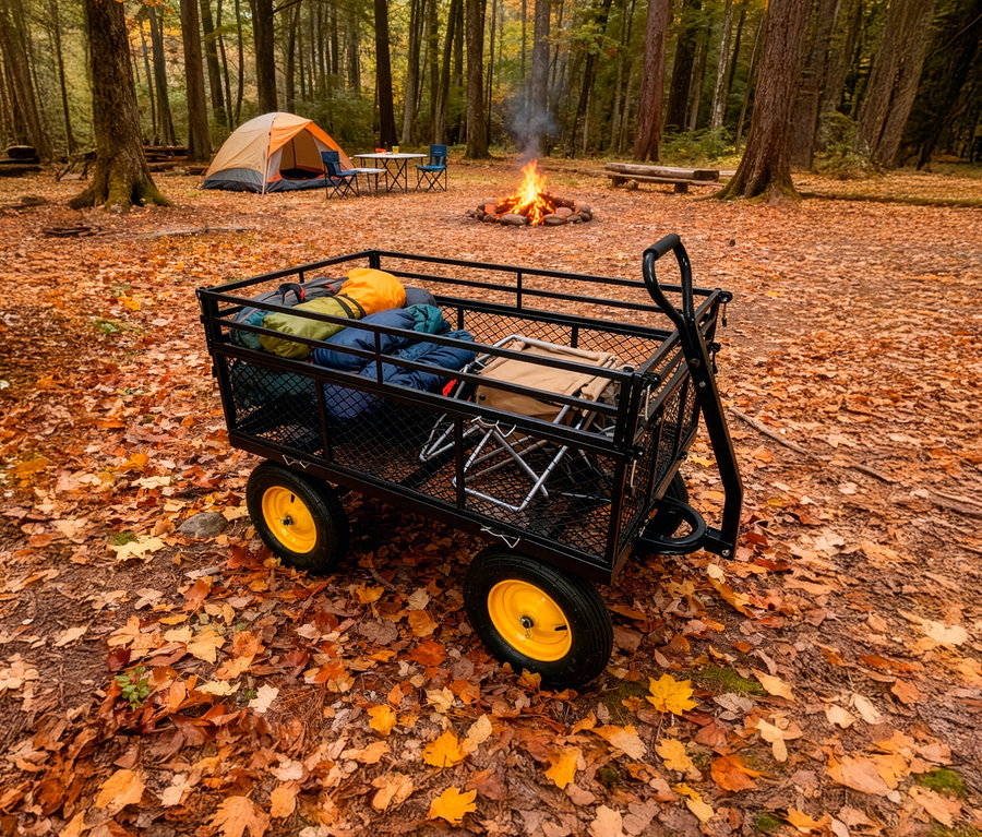 Ein schwarzer Bollerwagen mit gelben Rädern steht auf einem Laub bedeckten Waldboden. Im Hintergrund sind ein Zelt, ein Lagerfeuer und Bäume zu sehen.