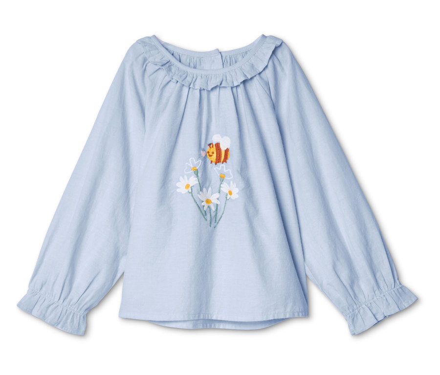 Hellblaues Langarmshirt mit Gänseblümchen und Bienen Stickerei.
