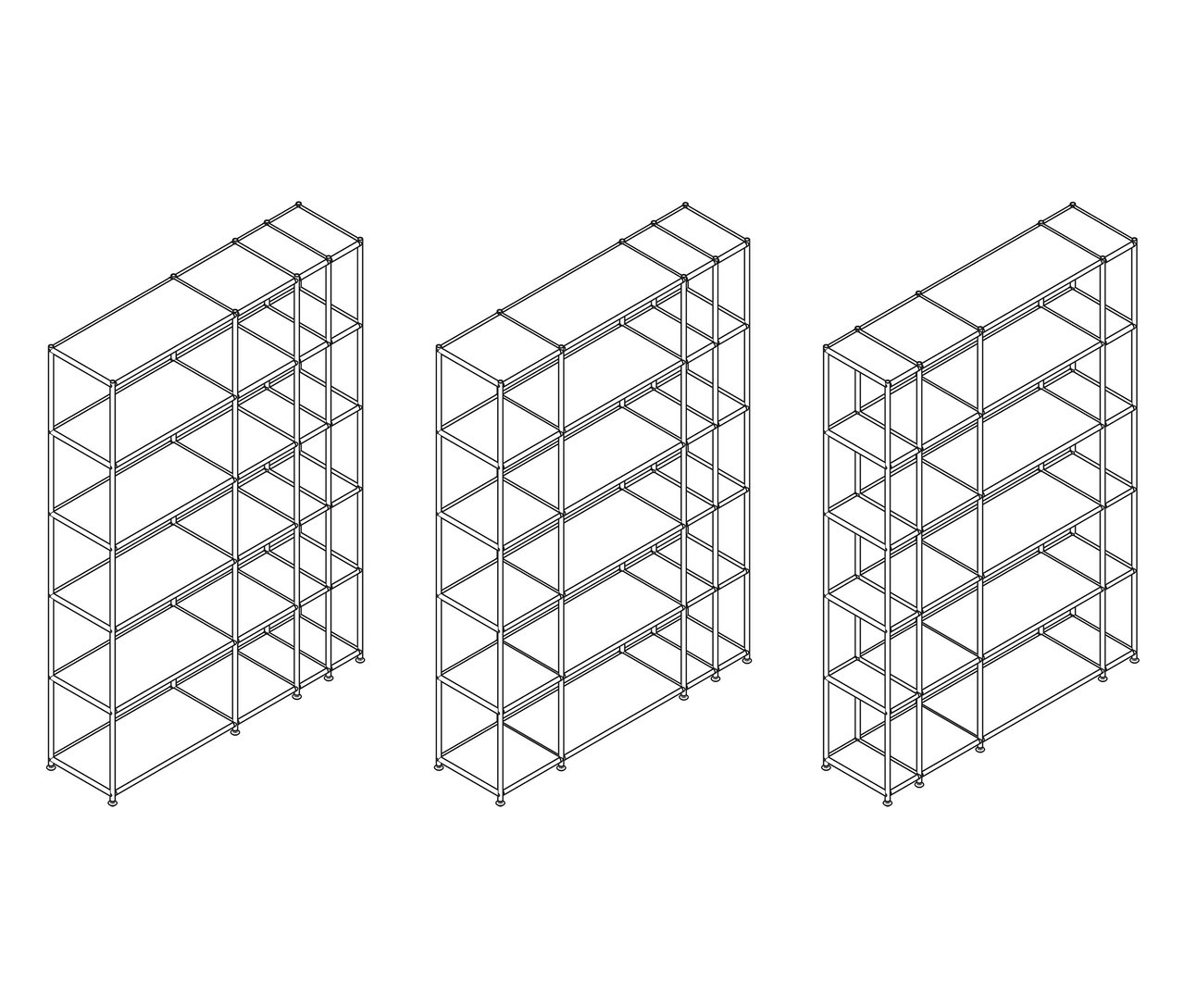 Drei offene Metallregale »CN3« in Weiß, Schwarz und Grau stehen nebeneinander.