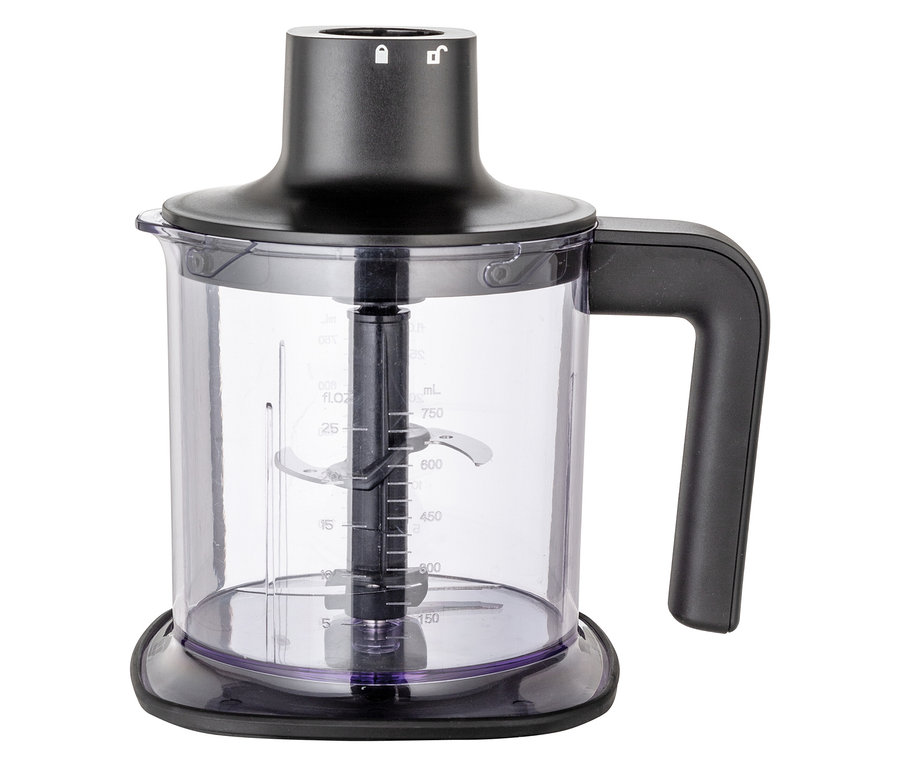 Ein schwarzer Stabmixer mit einem transparenten Behälter steht auf einer weißen Oberfläche.