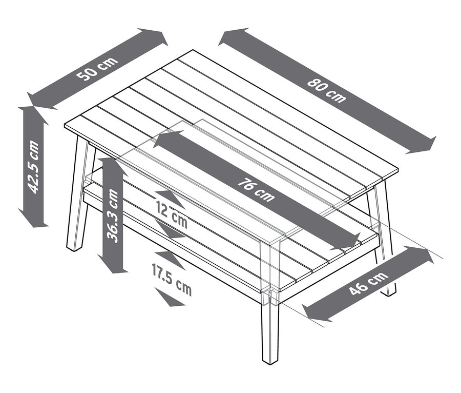 Abbildung eines Garten-Couchtischs (ca. 80 x 50 cm) mit Maßangaben.